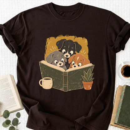 Minimal Japanese Dogs Reading Softstyle T-Shirt | Book Lover Gift Dark Chocolate