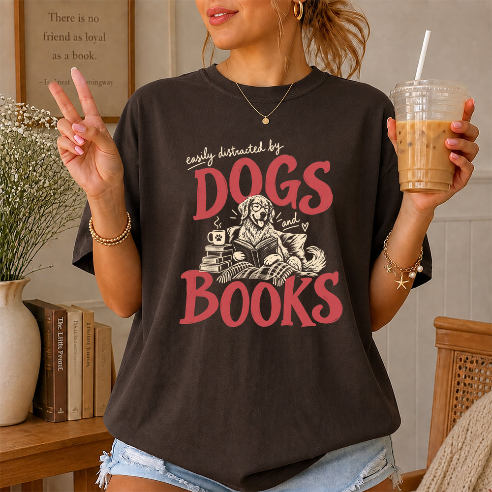 Easily Distracted By Dogs And Books Softstyle T-Shirt | Book Lover Gift Dark Chocolate