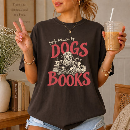 Easily Distracted By Dogs And Books Softstyle T-Shirt | Book Lover Gift Dark Chocolate