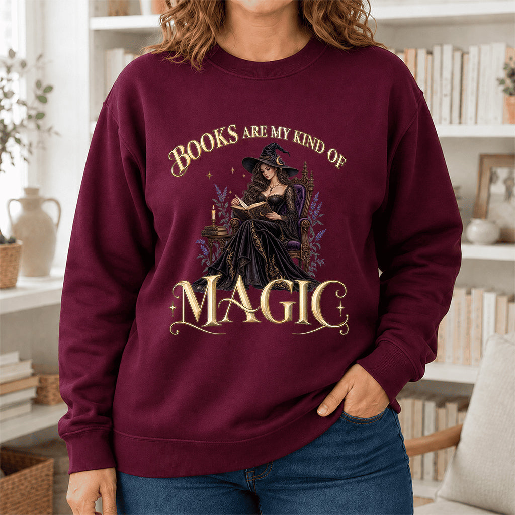 Books Are My Kind Of Magic Crewneck Sweatshirt | Halloween Literary Fantasy Book Lover Gift Maroon