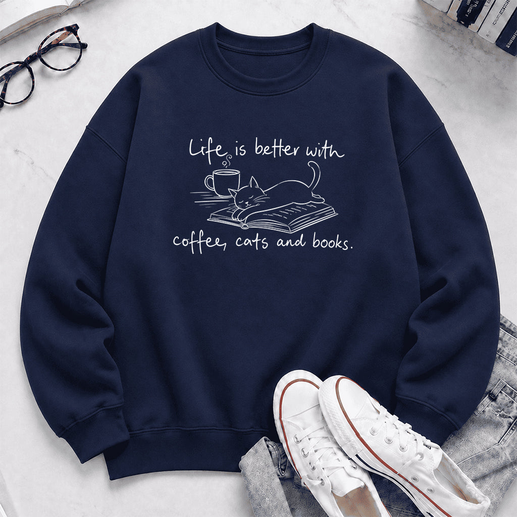 Funny Cats and Books Crewneck Sweatshirt | Reader Gift Navy