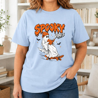 Spooky Vibes Printed T-Shirt | Halloween Book Lover Gift Light Blue