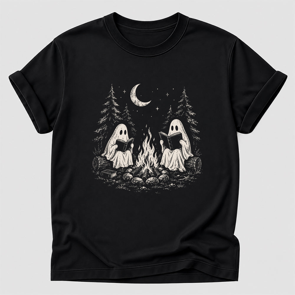 Camping Reading Ghosts Printed T-Shirt | Spooky Book Lover Gift Black