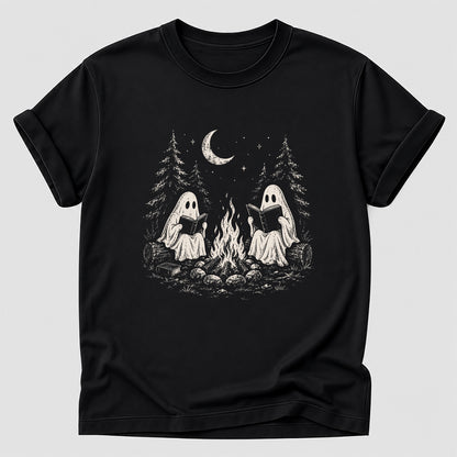 Camping Reading Ghosts Printed T-Shirt | Spooky Book Lover Gift Black