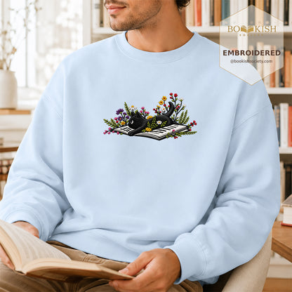Cat and Book Embroidered Sweatshirt | Reader Gift Light Blue