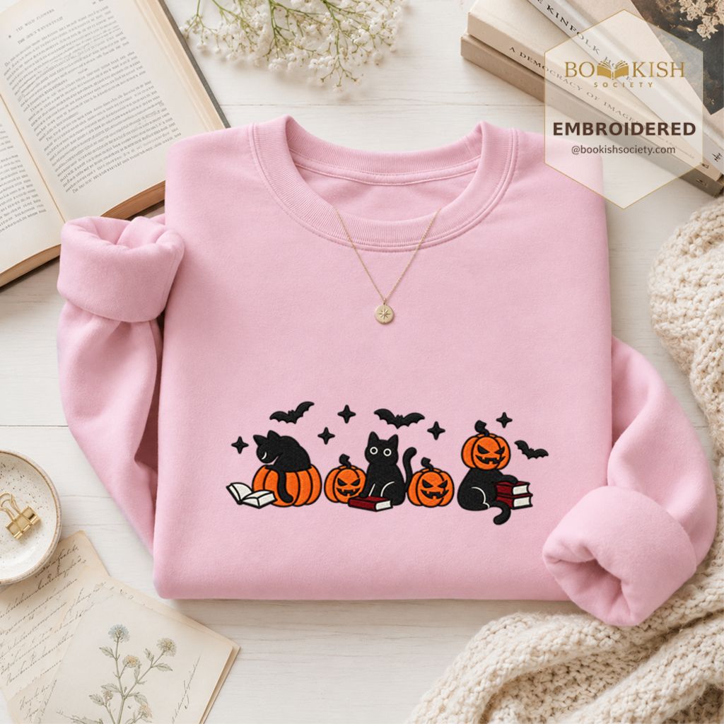 Black Cats And Halloween Embroidered Sweatshirt | Spooky Book Lover Gift Light Pink