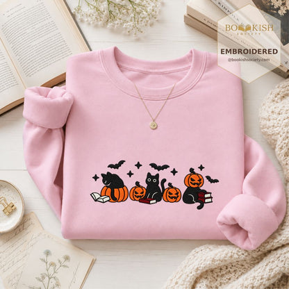 Black Cats And Halloween Embroidered Sweatshirt | Spooky Book Lover Gift Light Pink