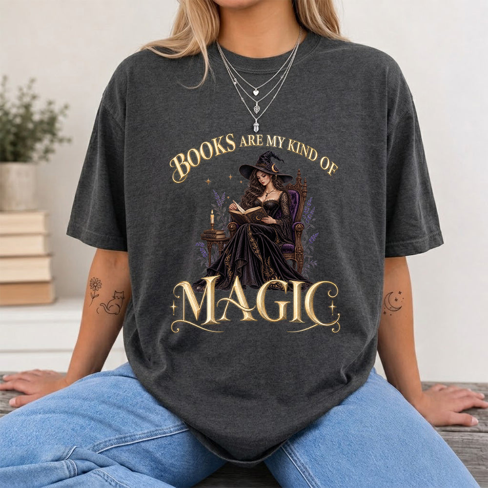 Books Are My Kind Of Magic Printed T-Shirt | Halloween Feminine Magic Reader Gift Dark Heather