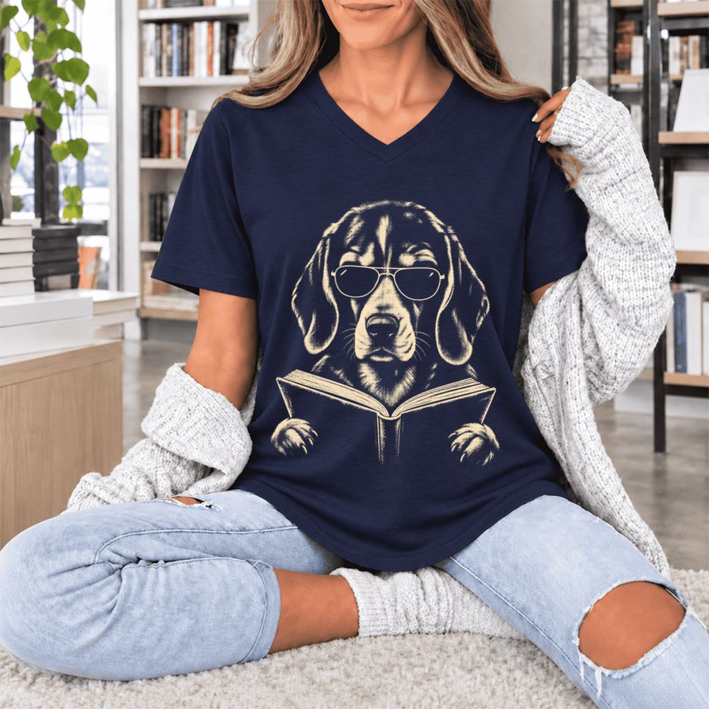 Beagle Reading Book Ultra-Soft V-Neck | Dog Mom Reader Gift Navy