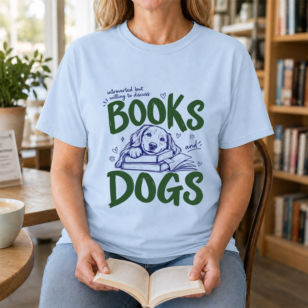 Introverted But Willing To Discuss Books And Dogs Cotton T-Shirt | Dogs Lover & Reader Gift Light Blue