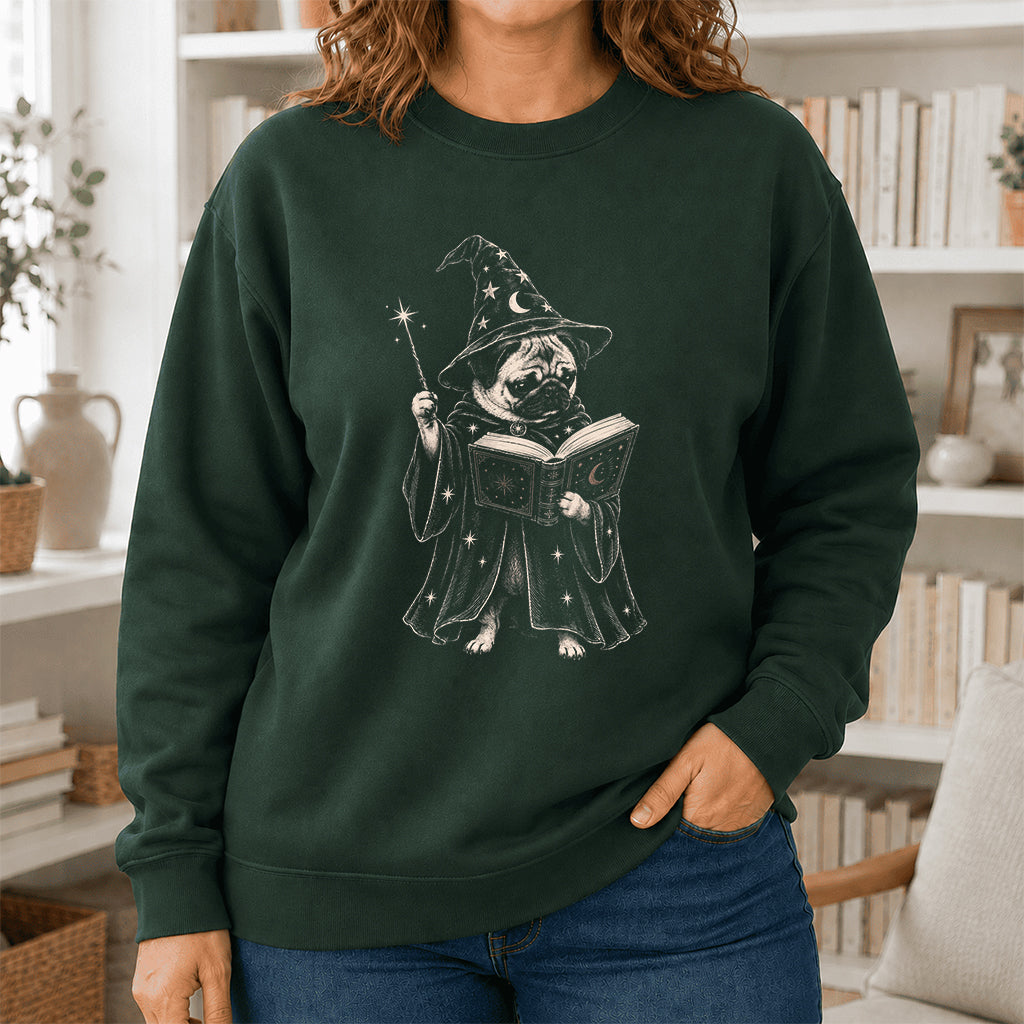 Cute Pug Witch Reading Book Printed Sweatshirt | Halloween Book Lover Gift Forest Green