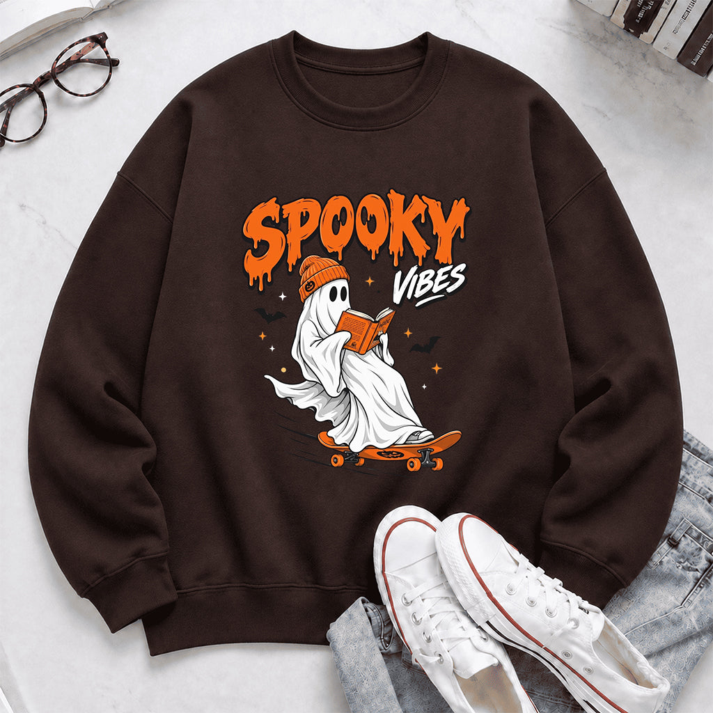Spooky Vibes Printed Sweatshirt | Halloween Reader Gift Dark Chocolate