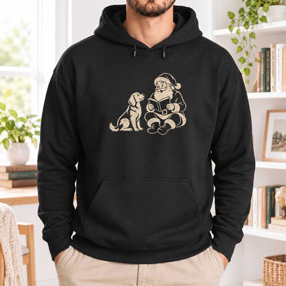 Funny Dog With Santa Christmas Softstyle Hoodie | Christmas Gift For Dog & Book Lover Black