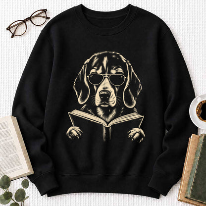 Beagle Reading Book Crewneck Sweatshirt | Reader Gift Black