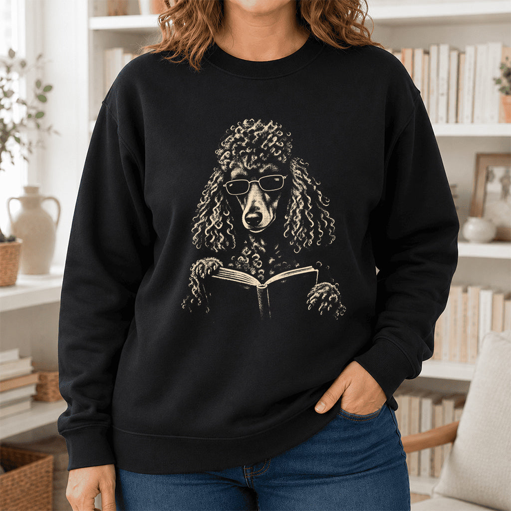Poodle Reading Book Crewneck Sweatshirt | Reader Gift Black