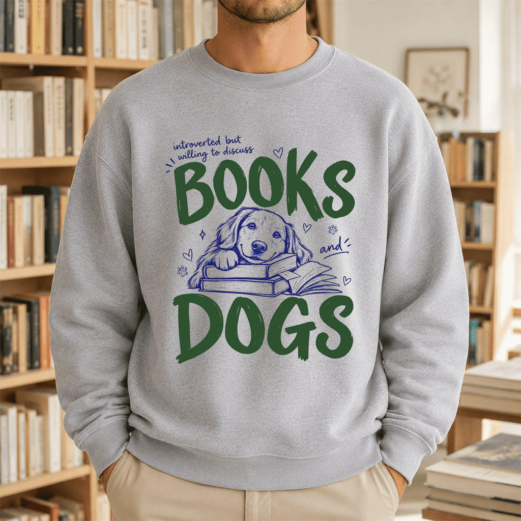 Introverted But Willing To Discuss Books And Dogs Crewneck Sweatshirt | Dog Lover & Reader Gift Sport Grey