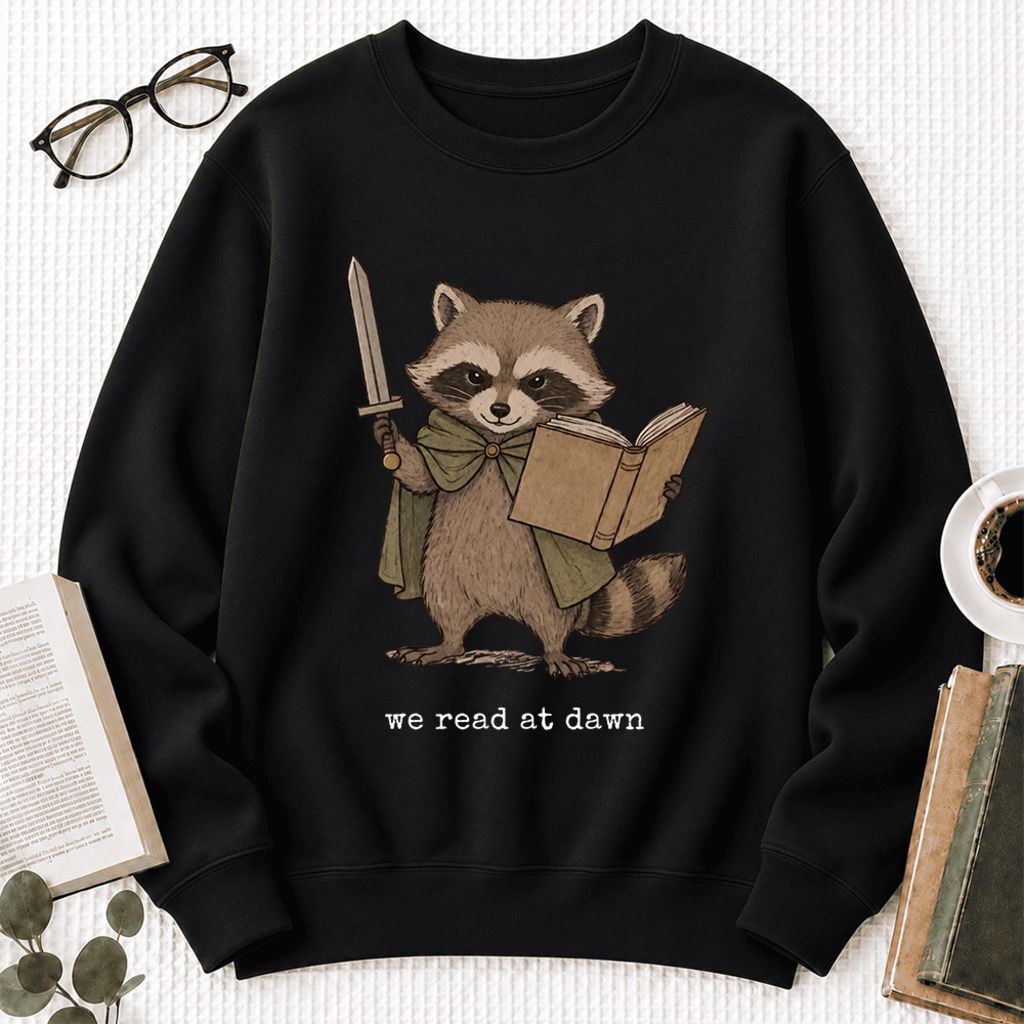 We Read At Dawn Funny Racoon Softstyle Sweatshirt | Cozy Book Lover Gift Black