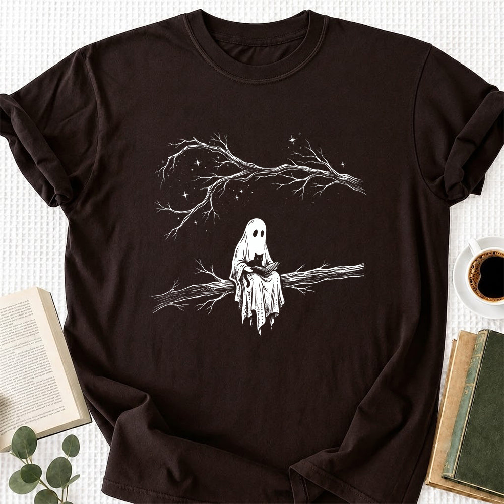 Reading Ghost With Black Cat Printed T-Shirt | Halloween Cat Lover Reader Gift Dark Chocolate