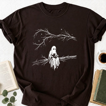 Reading Ghost With Black Cat Printed T-Shirt | Halloween Cat Lover Reader Gift Dark Chocolate