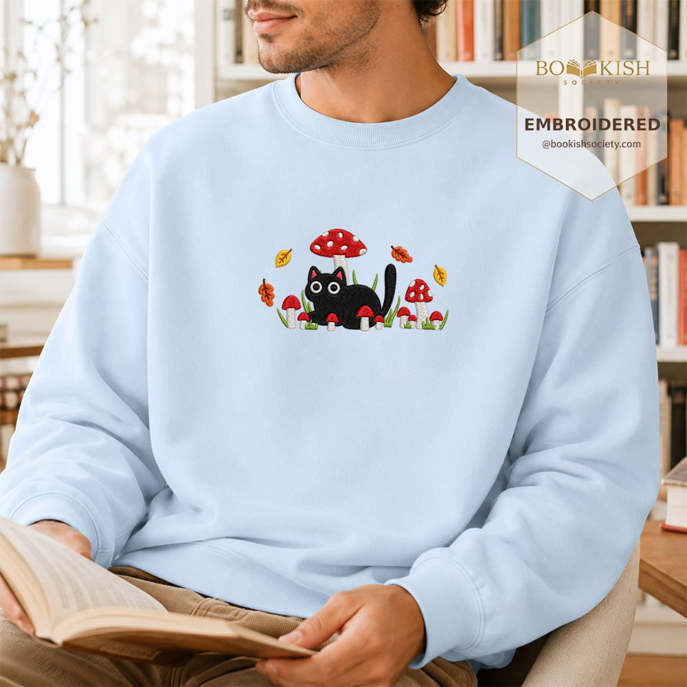 Mushroom Cat Embroidered Sweatshirt | Reader Gift Light Blue