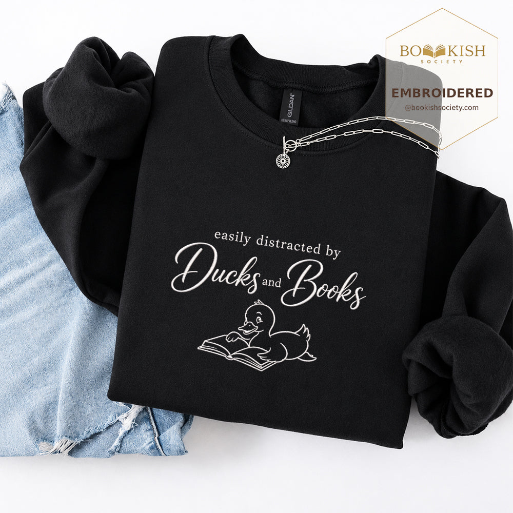 Easily Distracted By Ducks And Books Embroidered Sweatshirt | Reader Gift Black