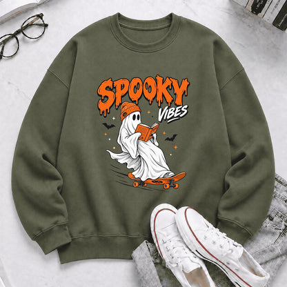 Spooky Vibes Printed Sweatshirt | Halloween Reader Gift Military Green