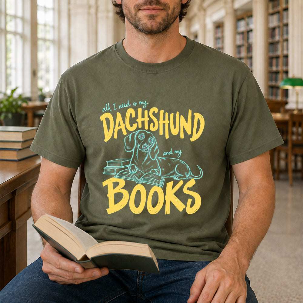All I Need Is My Dachshund And My Books Softstyle T-Shirt | Book Lover Gift Military Green