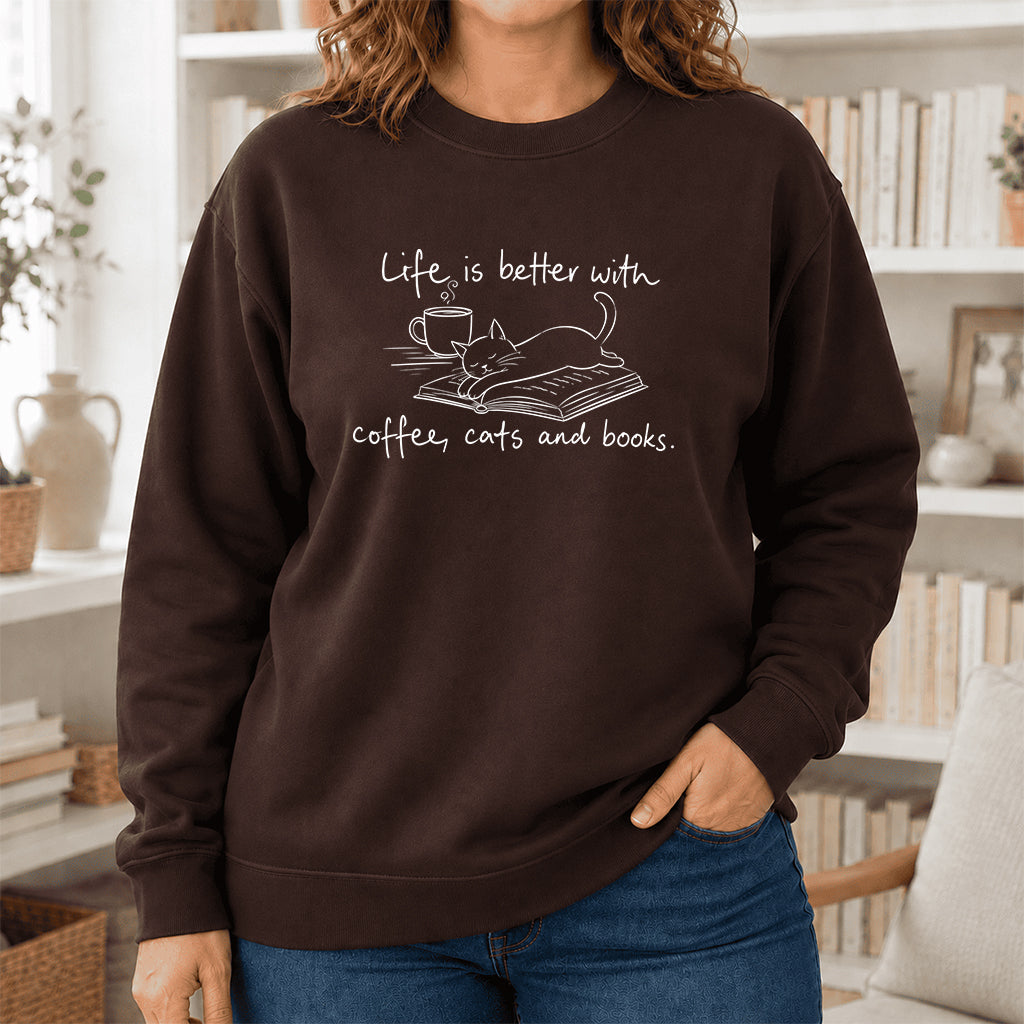 Funny Cats and Books Crewneck Sweatshirt | Reader Gift Dark Chocolate