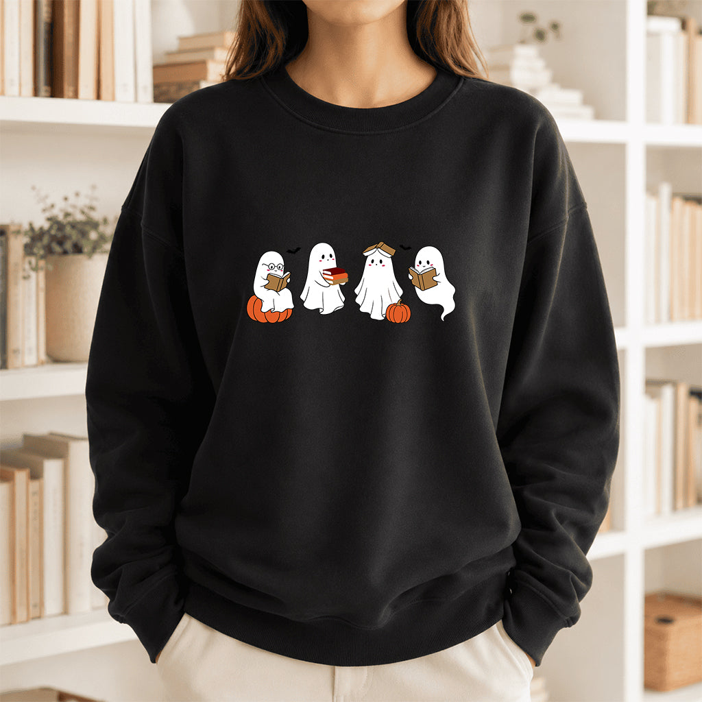 Halloween Ghosts Reading Printed Sweatshirt | Spooky Book Lover Gift Black