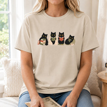 Black Cats Reading Softstyle T-Shirt | Book Lover Gift Sand
