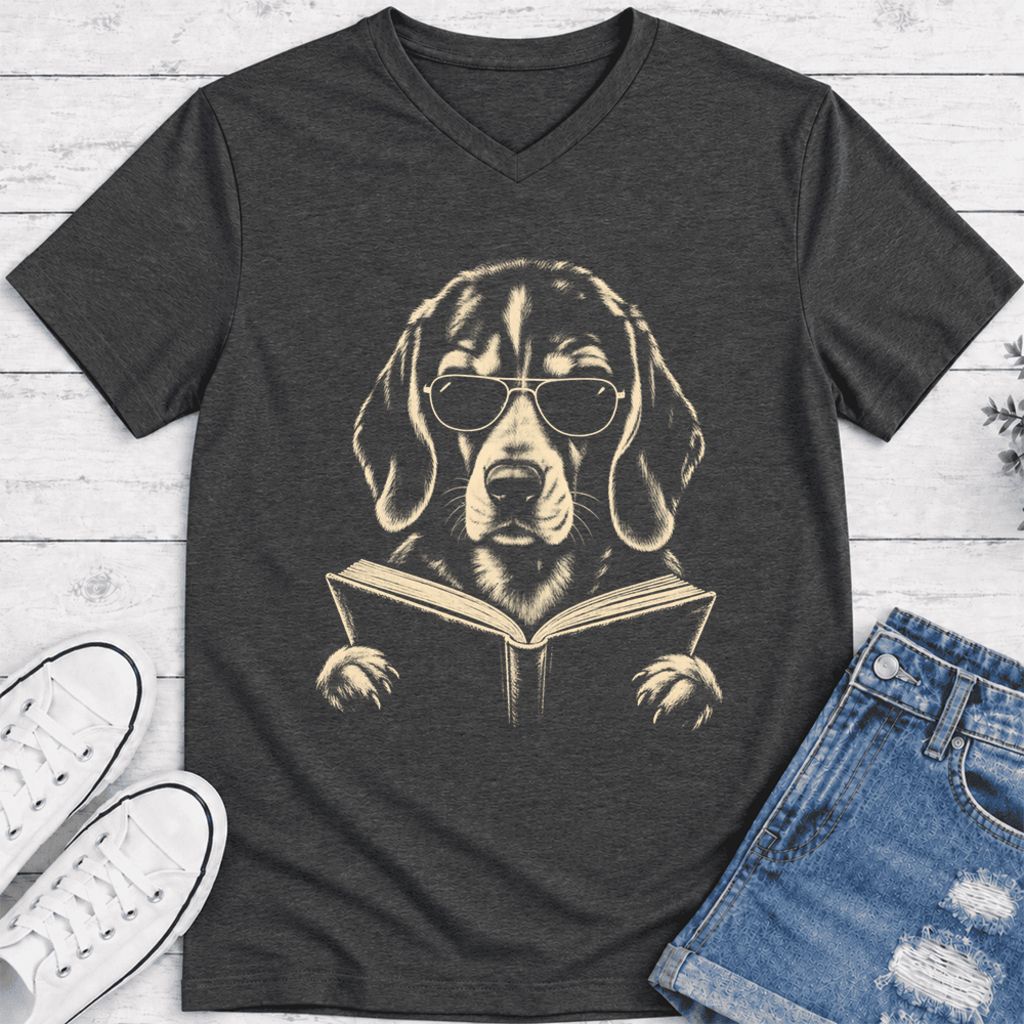 Beagle Reading Book Ultra-Soft V-Neck | Dog Mom Reader Gift Dark Grey Heather