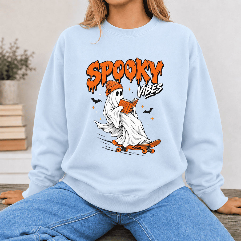 Spooky Vibes Printed Sweatshirt | Halloween Reader Gift Light Blue