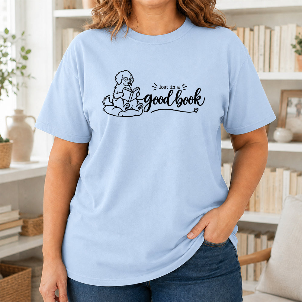 Lost In A Good Book Cotton T-Shirt | Dog & Book Lover Gift Light Blue