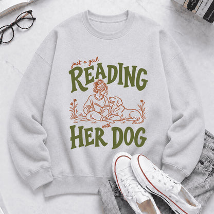Just A Girl Reading With Her Dog Crewneck Sweatshirt | Reader Gift Sport Grey