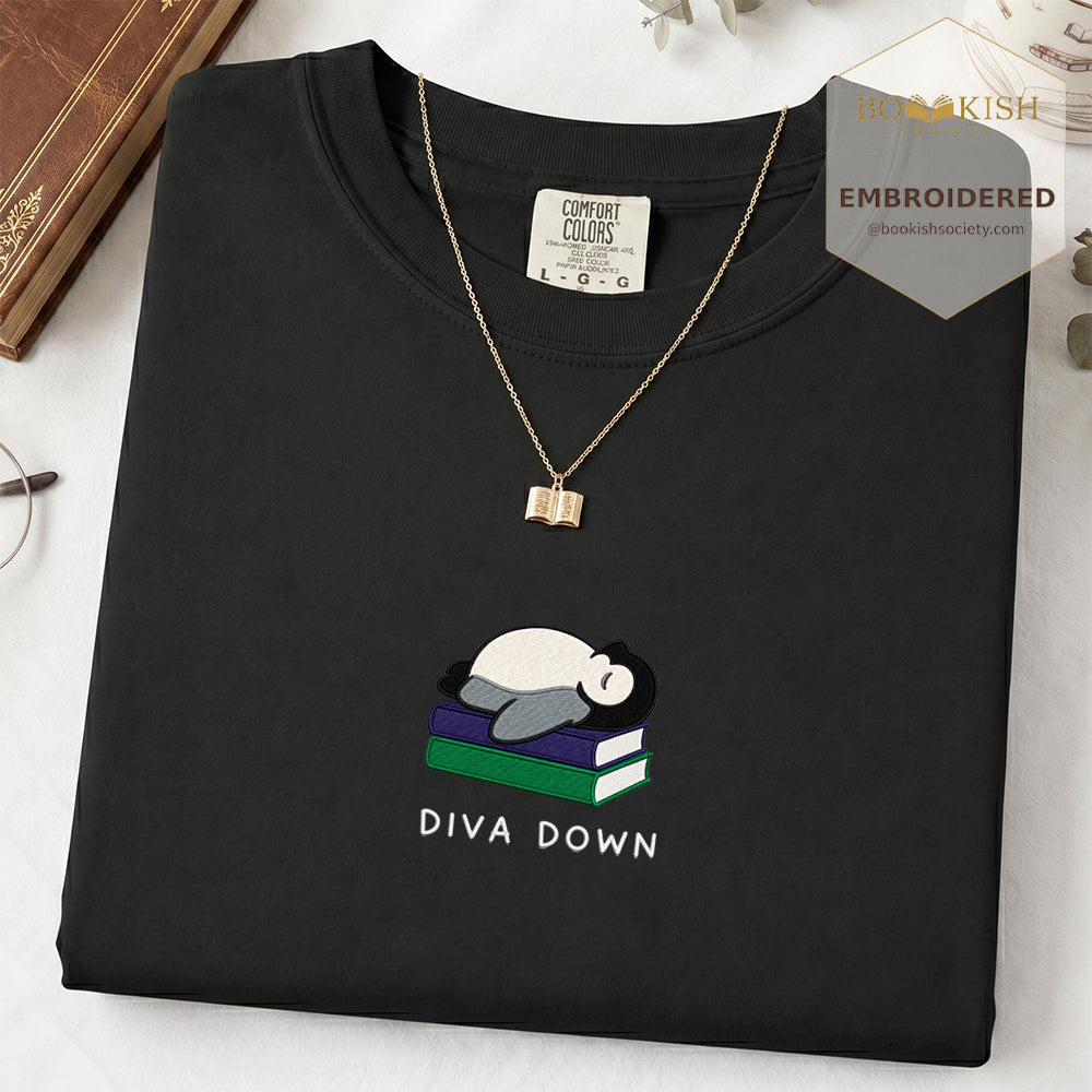 Embroidered Diva Down Penguin Comfort Color® T-shirt Book Lover Gift Black