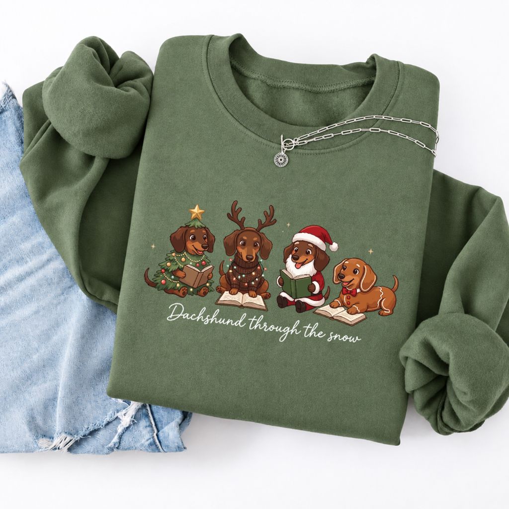 Dachshund Through The Snow Softstyle Sweatshirt | Christmas Book Lover Gift Military Green