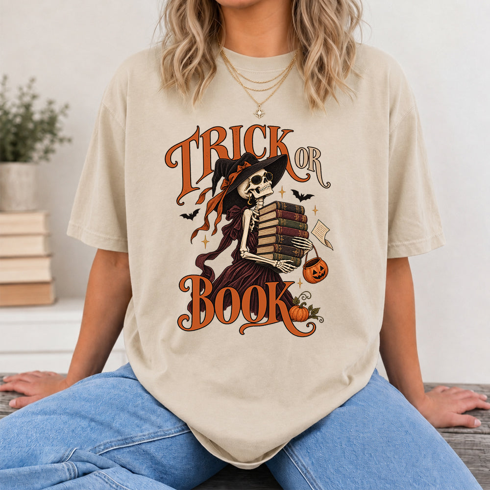 Trick Or Book Lady Printed T-Shirt | Halloween Book Lover Gift Sand