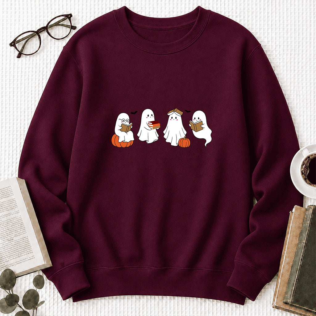 Halloween Ghosts Reading Printed Sweatshirt | Spooky Book Lover Gift Maroon