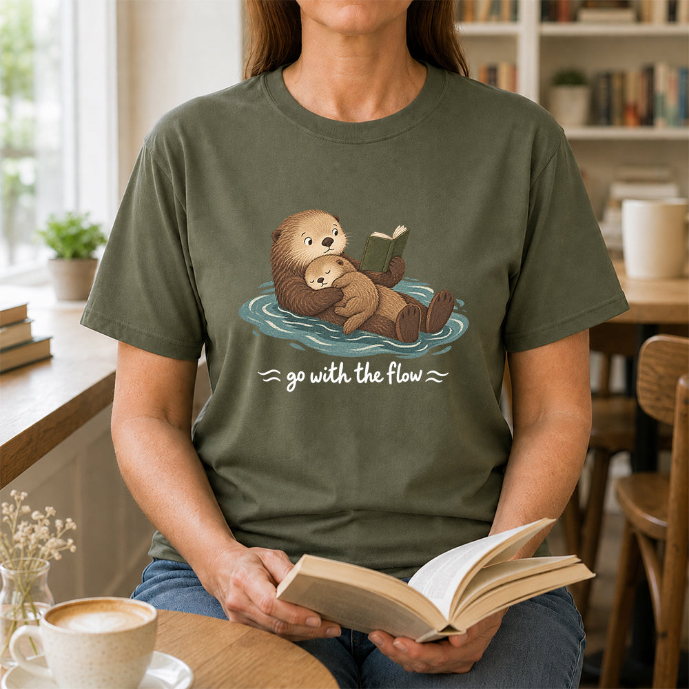 Go With The Flow Otter Reading Softstyle T-Shirt | Book Lover Gift Military Green