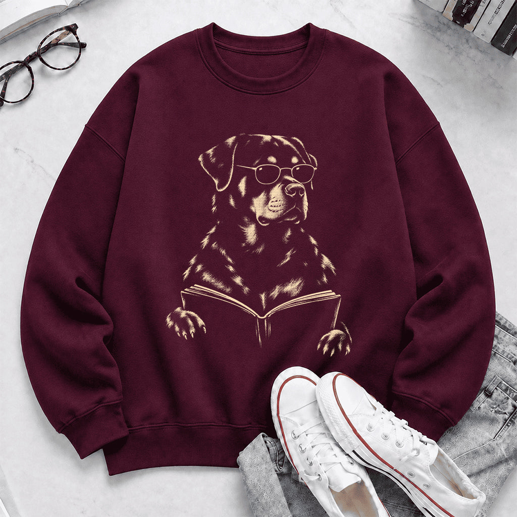 Rottweiler Reading Book Crewneck Sweatshirt | Reader Gift Maroon