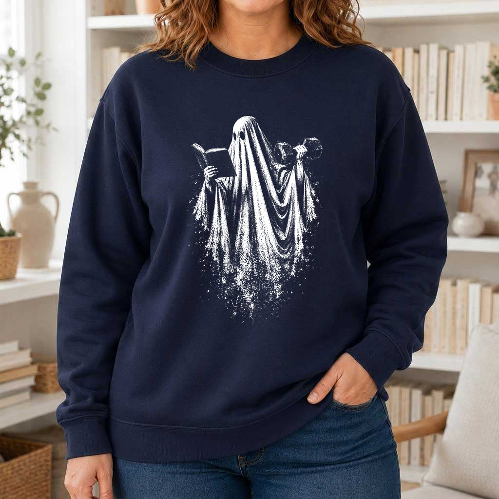 Reading Gym Ghost Printed Sweatshirt | Halloween Book Lover Gift Navy