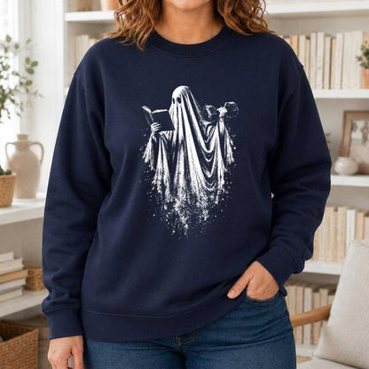 Reading Gym Ghost Printed Sweatshirt | Halloween Book Lover Gift Navy