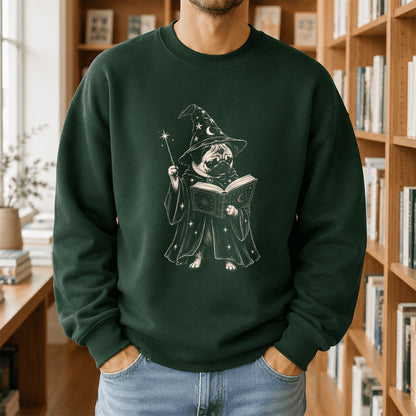 Cute Pug Witch Reading Book Printed Sweatshirt | Halloween Book Lover Gift Forest Green