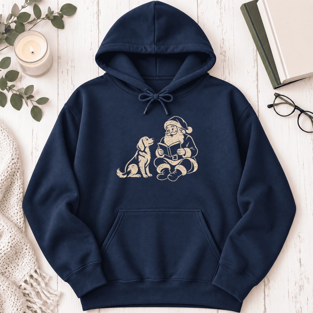 Funny Dog With Santa Christmas Softstyle Hoodie | Christmas Gift For Dog & Book Lover Navy