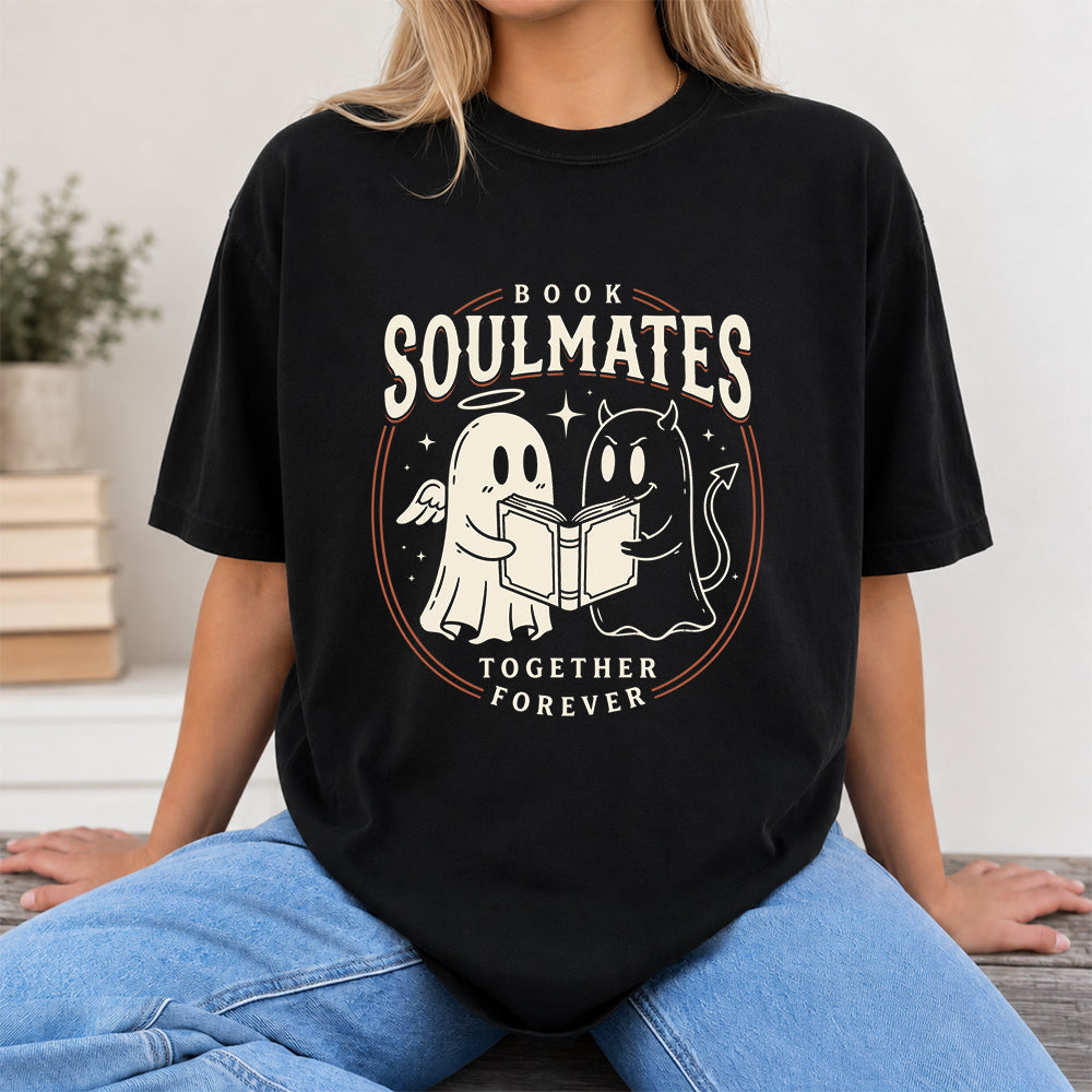 Book Soulmates Together Forever Printed T-Shirt | Halloween Book Lover Gift Black