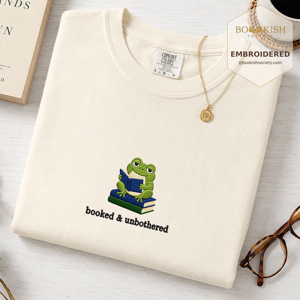 Booked and Unbothered Embroidered Comfort Color® T-shirt | Book Lover Gift Ivory