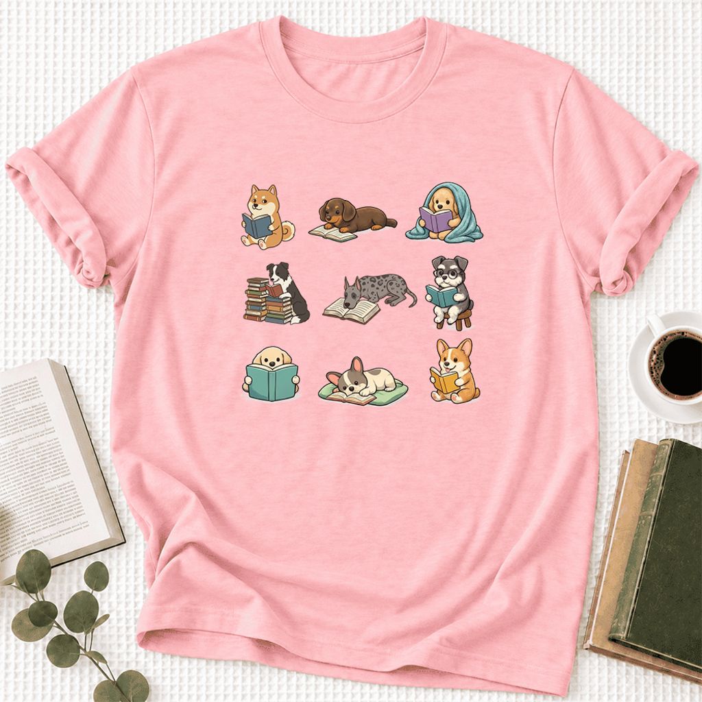 Funny Reading Dogs Ultra-Soft Cotton T-Shirt | Dog Mom Reader Gift Pink
