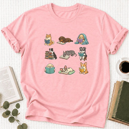 Funny Reading Dogs Ultra-Soft Cotton T-Shirt | Dog Mom Reader Gift Pink