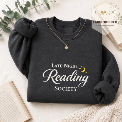 Late Night Reading Society Embroidered Sweatshirt | Reader Gift Dark Heather