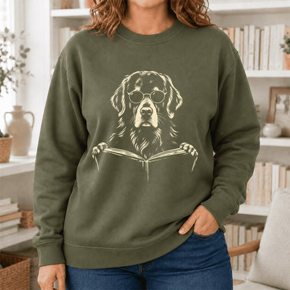 Golden Retriever Reading Book Crewneck Sweatshirt | Reader Gift Military Green